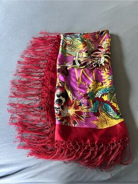Ed Hardy Y2K Red Pink Yellow Graphic Fringe Scarf Wrap